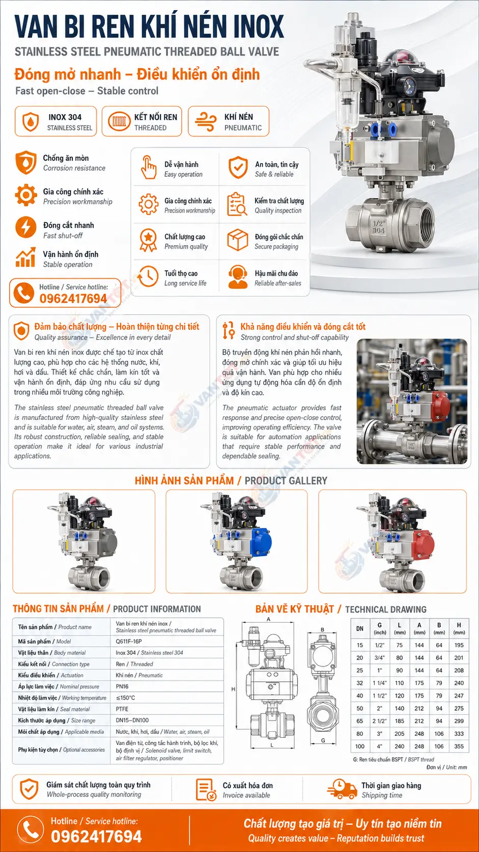 van bi khí nén ren ba mảnh inox 304 Q611F-16P