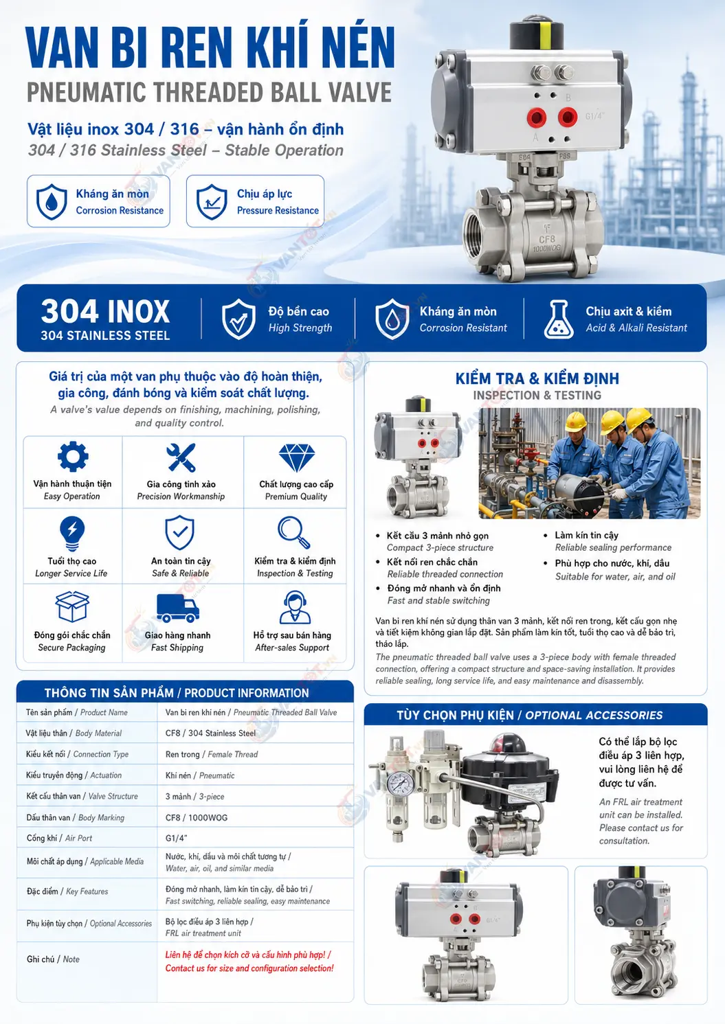van bi khí nén ba mảnh inox Q611F-16P