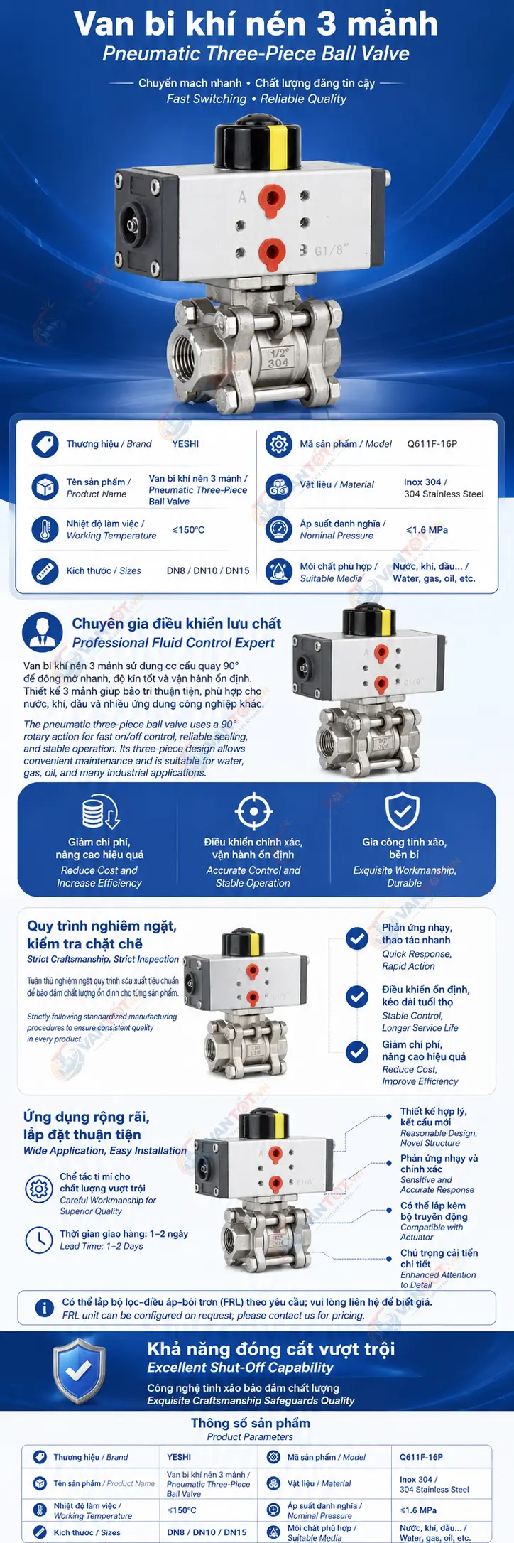 van bi khí nén ren ba mảnh inox Q611F-16P
