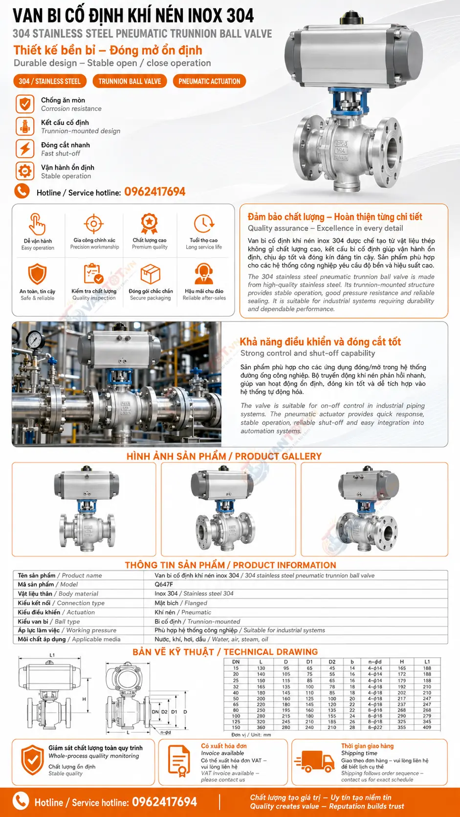 van bi cố định khí nén inox Q647F-16P
