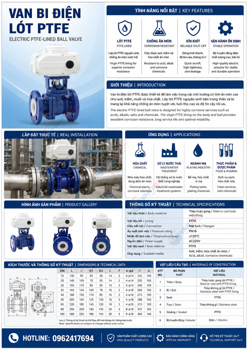 van bi điện lót PTFE